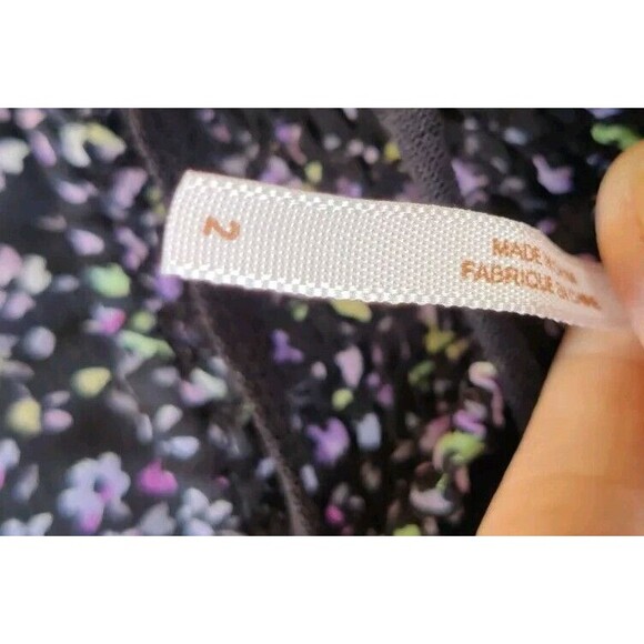 Free People Black Purple Floral Smocked Ruffle Sheer Tie Neck Top Blouse Size 2 - Picture 10 of 12